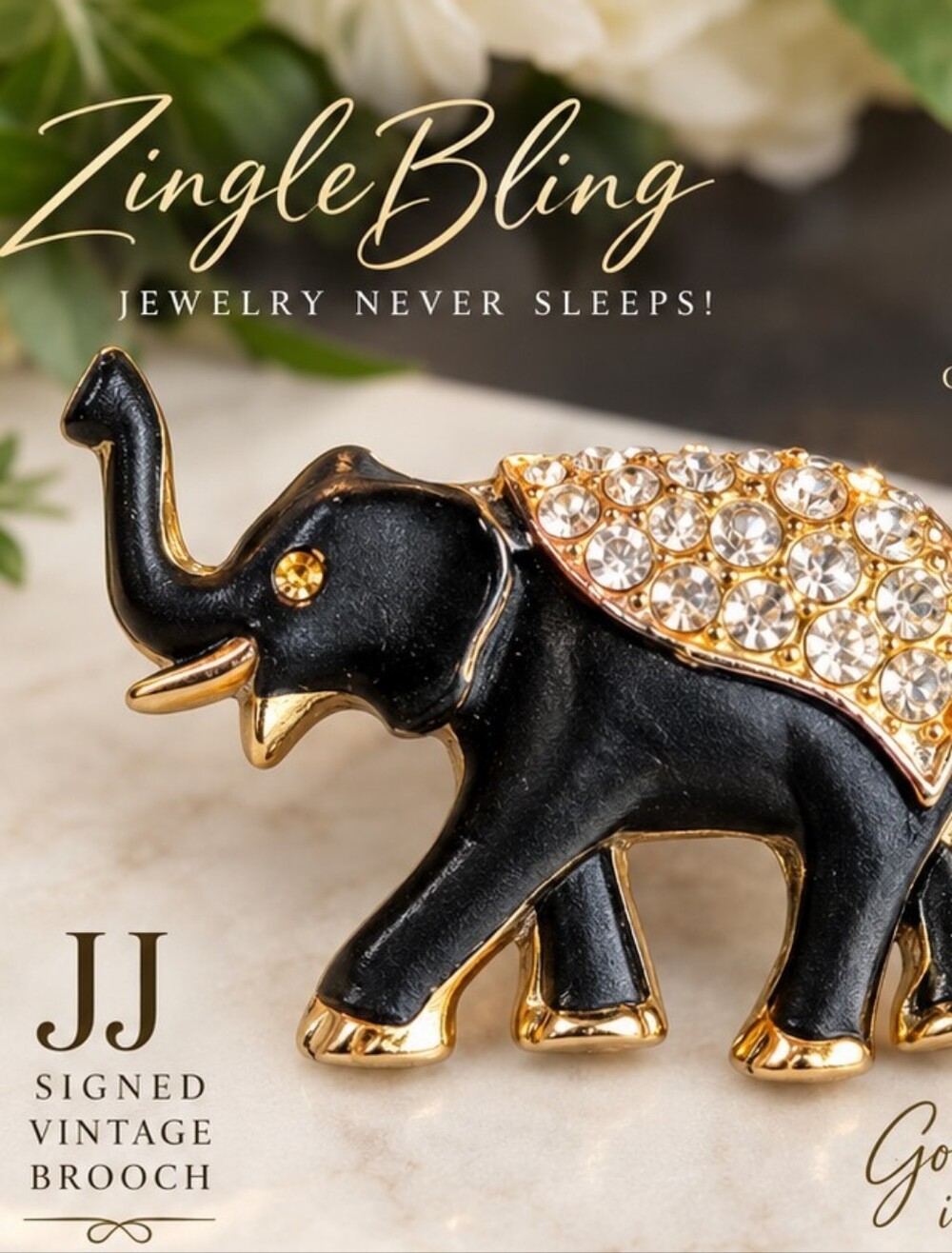 Vintage Black & Gold Elephant Brooch Rhinestone Saddle Lucky Elephant Pin